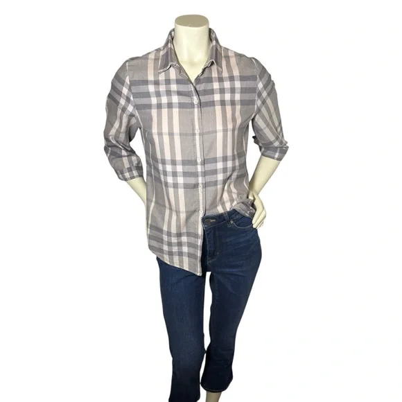 BURBERRY BRIT Women’s 3/4 Sleeve Plaid Button Down 100% Cotton Shirt Size Medium - Picture 6 of 12